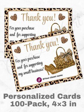 100 Personalized Animal Print Thank You Cards Small Business, 4×3 in